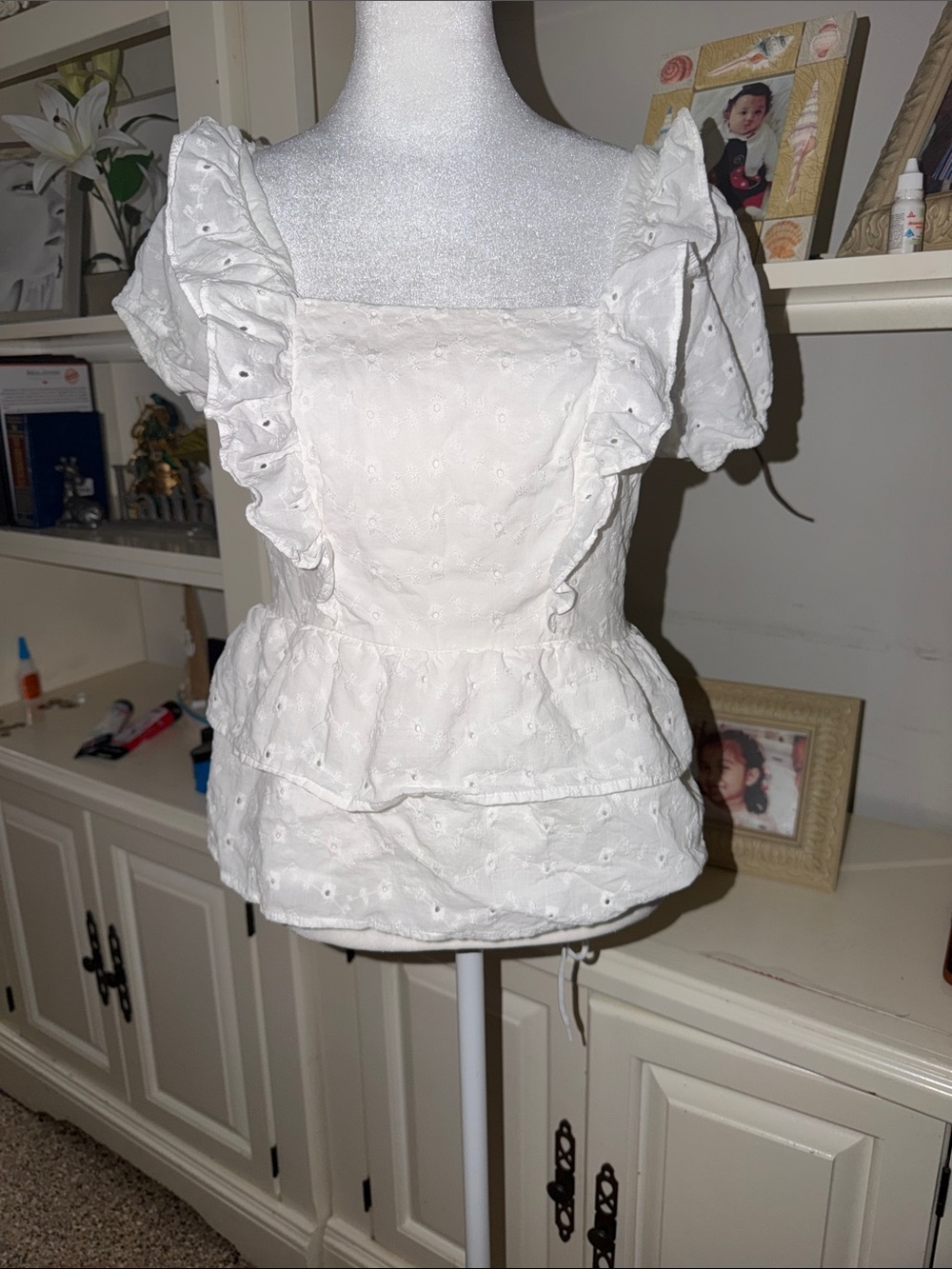 SO White Eyelet Ruffle Peplum Blouse